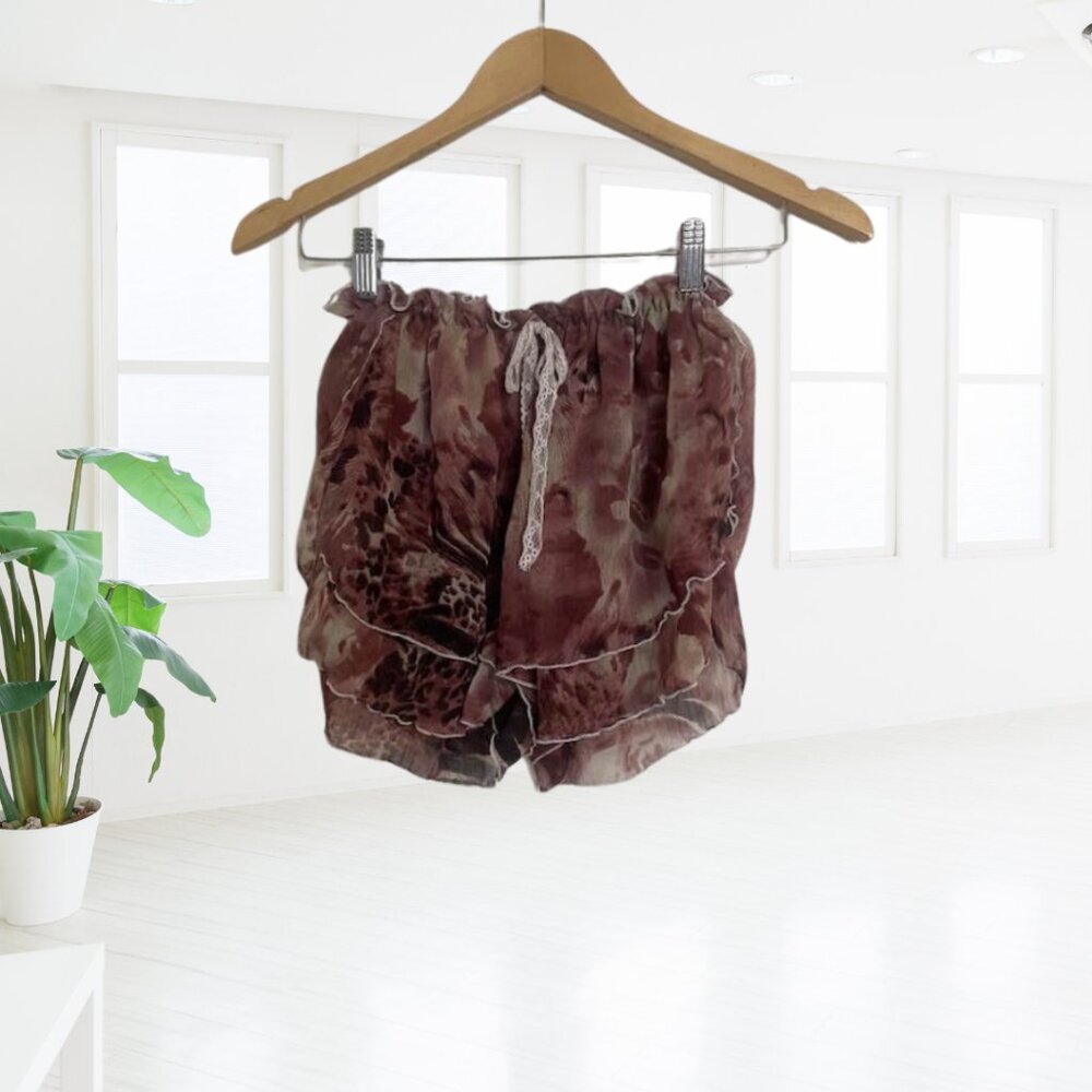 Romantic Animal Print Lounge Shorts w/ Lace Ribbon & Overlay – Stretch Waist